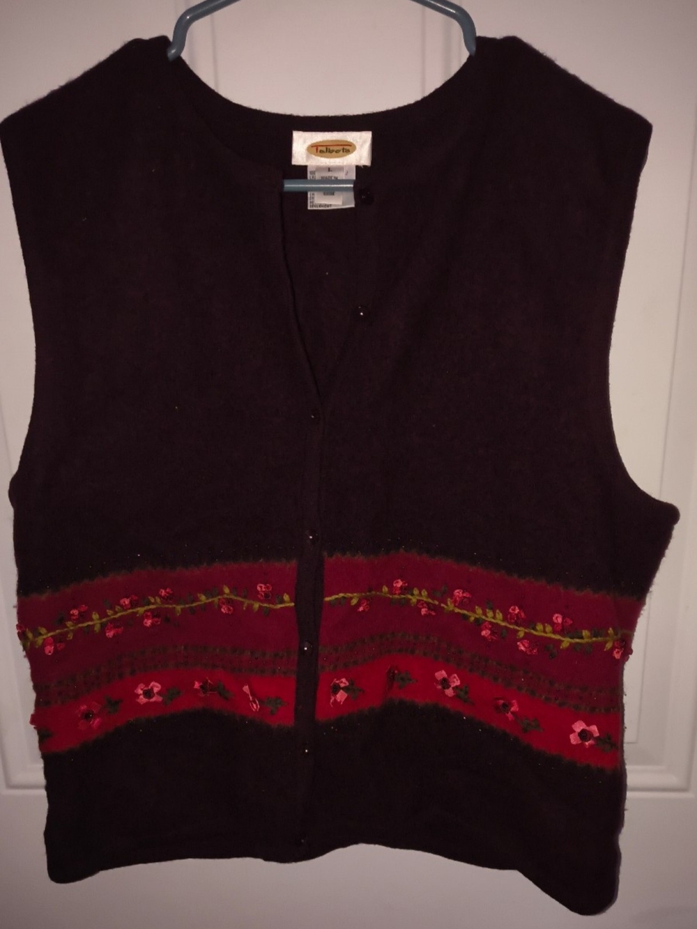 Talbots Women's Dark Brown Embroidered Wool Vest - Red Accent
